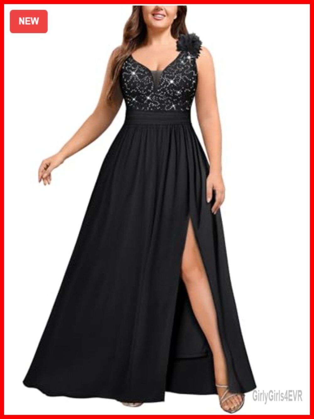 Plus Size Sequin Lace Sleeveless Slit Evening Gown Maxi Prom Dress